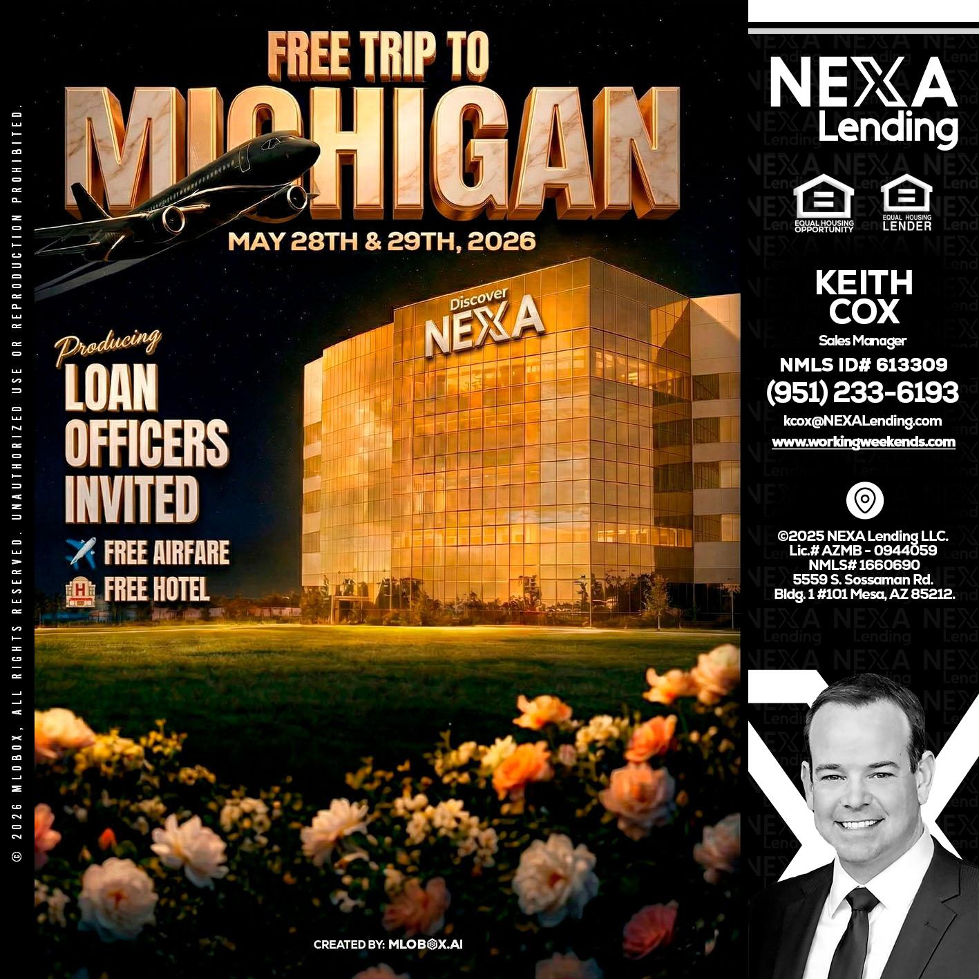 FREE TRIP TO MICHIGAN - Keith Cox -Sales Manager
